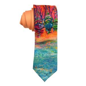 Men's Tropical Tie Shrimp Boats Colorful Watercolor by Artist Leoma Lovegrove